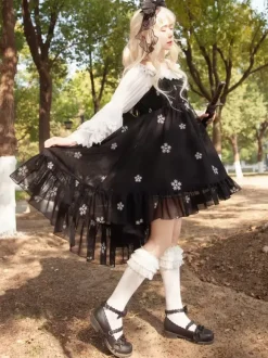 Robe Lolita noire en polyester sans manches à volants JSK
