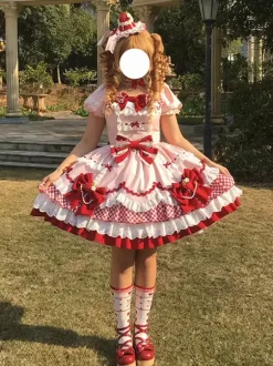 Robe Lolita rose à manches courtes n艙ud en dentelle polyester mode kawaii
