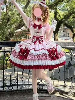 Robe Lolita rose à manches courtes n艙ud en dentelle polyester mode kawaii