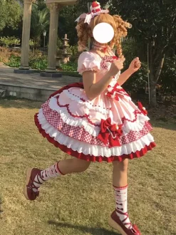 Robe Lolita rose à manches courtes n艙ud en dentelle polyester mode kawaii