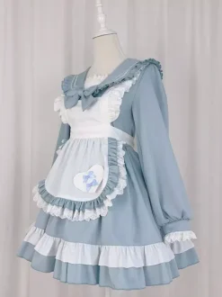 Robe Lolita rose en polyester à manches longues et n艙uds