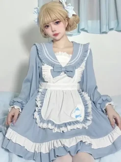 Robe Lolita rose en polyester à manches longues et n艙uds