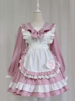 Robe Lolita rose en polyester à manches longues et n艙uds