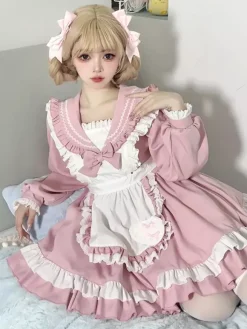 Robe Lolita rose en polyester à manches longues et n艙uds