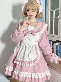 Robe Lolita rose en polyester à manches longues et n艙uds