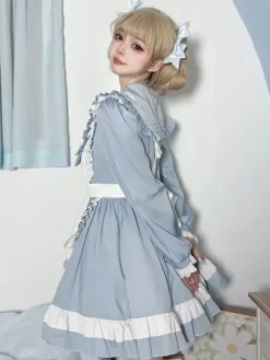 Robe Lolita rose en polyester à manches longues et n艙uds
