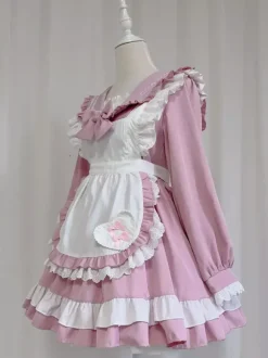 Robe Lolita rose en polyester à manches longues et n艙uds