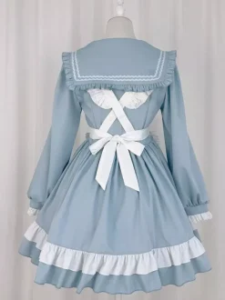 Robe Lolita rose en polyester à manches longues et n艙uds
