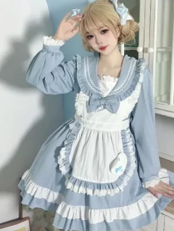 Robe Lolita rose en polyester à manches longues et n艙uds