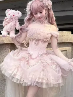 Robe Lolita Sweet Fairy rose à volants et épaules dénudées