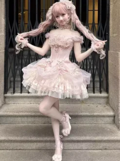 Robe Lolita Sweet Fairy rose à volants et épaules dénudées
