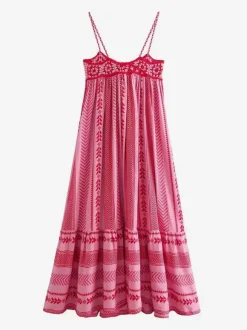 Robe longue à bretelles fines et volants rose à imprimé géométrique pour femme - Style bohème - Collection été 2026