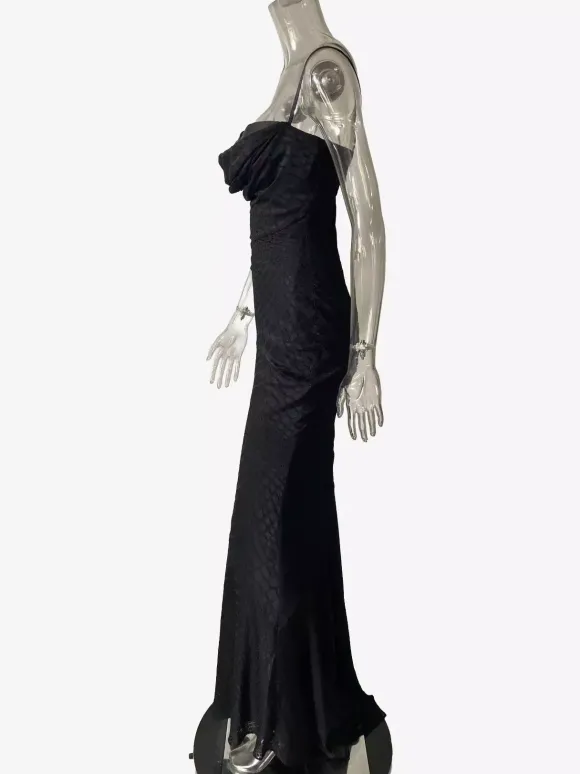 Robe longue à bretelles fines et col bénitier motif animal coupe sirène collection femme 2026