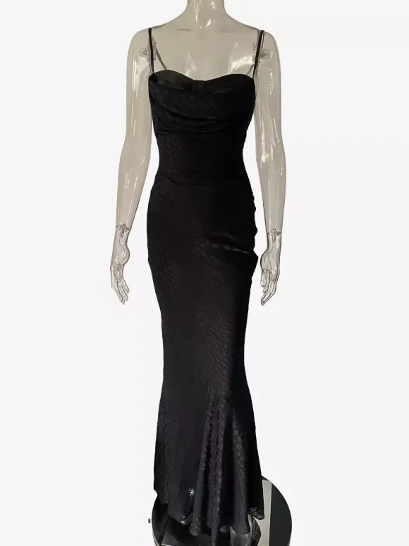Robe longue à bretelles fines et col bénitier motif animal coupe sirène collection femme 2026