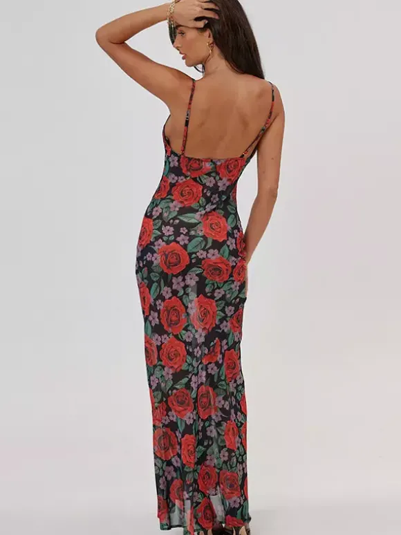 Robe longue à bretelles spaghetti imprimée de roses rouges pour femme style romantique