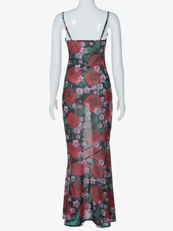 Robe longue à bretelles spaghetti imprimée de roses rouges pour femme style romantique