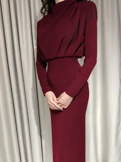 Robe longue à col montant pour femme - Robe fendue au dos et manches longues - Soirée de printemps 2026