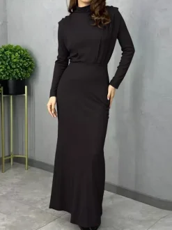 Robe longue à col montant pour femme - Robe fendue au dos et manches longues - Soirée de printemps 2026