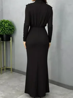 Robe longue à col montant pour femme - Robe fendue au dos et manches longues - Soirée de printemps 2026
