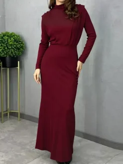 Robe longue à col montant pour femme - Robe fendue au dos et manches longues - Soirée de printemps 2026