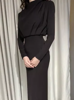 Robe longue à col montant pour femme - Robe fendue au dos et manches longues - Soirée de printemps 2026