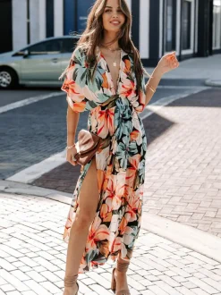 Robe longue à col V profond et imprimé floral tropical pour femme - Robe bohème fendue à imprimés multiples - Vacances d'été à la plage 2026
