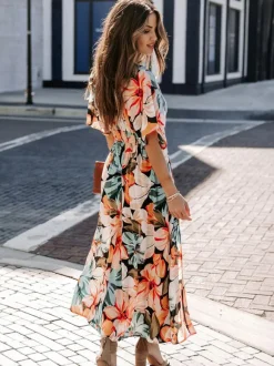 Robe longue à col V profond et imprimé floral tropical pour femme - Robe bohème fendue à imprimés multiples - Vacances d'été à la plage 2026