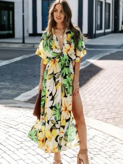 Robe longue à col V profond et imprimé floral tropical pour femme - Robe bohème fendue à imprimés multiples - Vacances d'été à la plage 2026