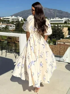 Robe longue à imprimé floral et manches bouffantes pour femme 2026
