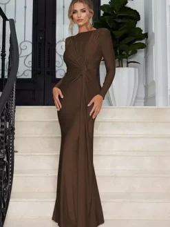 Robe longue à taille nouée manches longues plissée semi-formelle robe de soirée longue pour femme 2026