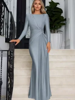 Robe longue à taille nouée manches longues plissée semi-formelle robe de soirée longue pour femme 2026