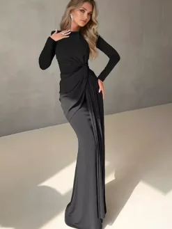 Robe longue à taille nouée manches longues plissée semi-formelle robe de soirée longue pour femme 2026