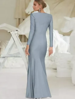 Robe longue à taille nouée manches longues plissée semi-formelle robe de soirée longue pour femme 2026
