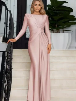 Robe longue à taille nouée manches longues plissée semi-formelle robe de soirée longue pour femme 2026