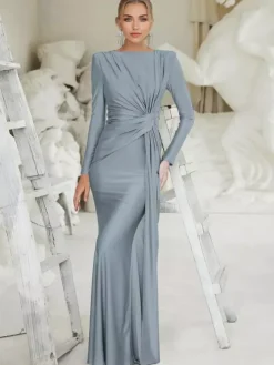 Robe longue à taille nouée manches longues plissée semi-formelle robe de soirée longue pour femme 2026