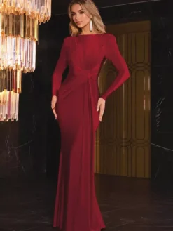 Robe longue à taille nouée manches longues plissée semi-formelle robe de soirée longue pour femme 2026
