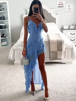 Robe longue à volants asymétrique pour invitée de mariage - Robe de cocktail sexy bleu ciel clair à col en V et superpositions - Été 2026