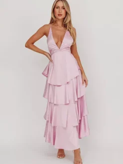 Robe longue à volants et décolleté plongeant pour femme - Robe en satin à dos croisé et volants superposés - Tenue de soirée d'été 2026