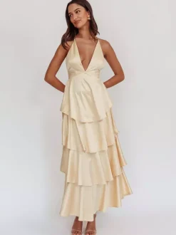 Robe longue à volants et décolleté plongeant pour femme - Robe en satin à dos croisé et volants superposés - Tenue de soirée d'été 2026