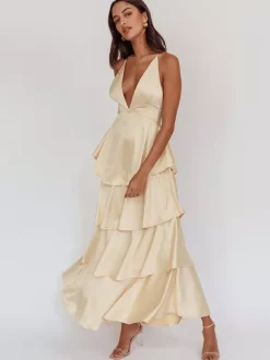 Robe longue à volants et décolleté plongeant pour femme - Robe en satin à dos croisé et volants superposés - Tenue de soirée d'été 2026