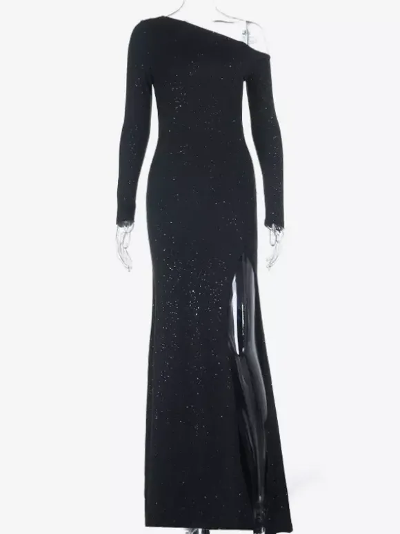Robe longue asymétrique à paillettes pour femme - Robe noire scintillante fendue jusqu'en haut coupe ajustée - Tenues de gala et de bal de printemps 2026