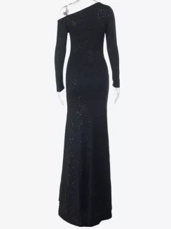 Robe longue asymétrique à paillettes pour femme - Robe noire scintillante fendue jusqu'en haut coupe ajustée - Tenues de gala et de bal de printemps 2026