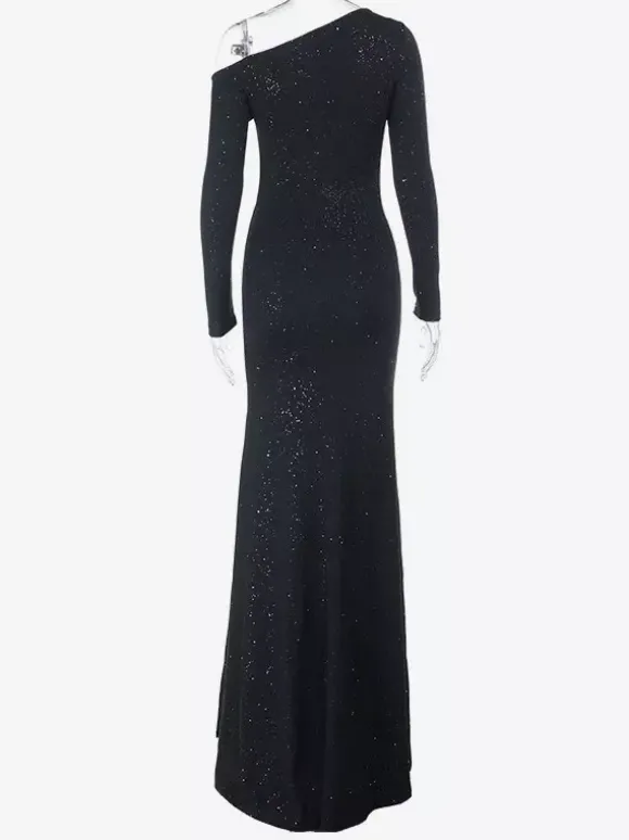Robe longue asymétrique à paillettes pour femme - Robe noire scintillante fendue jusqu'en haut coupe ajustée - Tenues de gala et de bal de printemps 2026