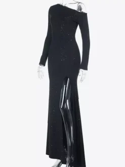 Robe longue asymétrique à paillettes pour femme - Robe noire scintillante fendue jusqu'en haut coupe ajustée - Tenues de gala et de bal de printemps 2026