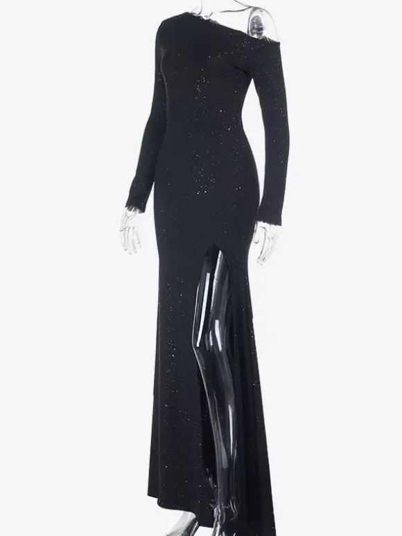 Robe longue asymétrique à paillettes pour femme - Robe noire scintillante fendue jusqu'en haut coupe ajustée - Tenues de gala et de bal de printemps 2026