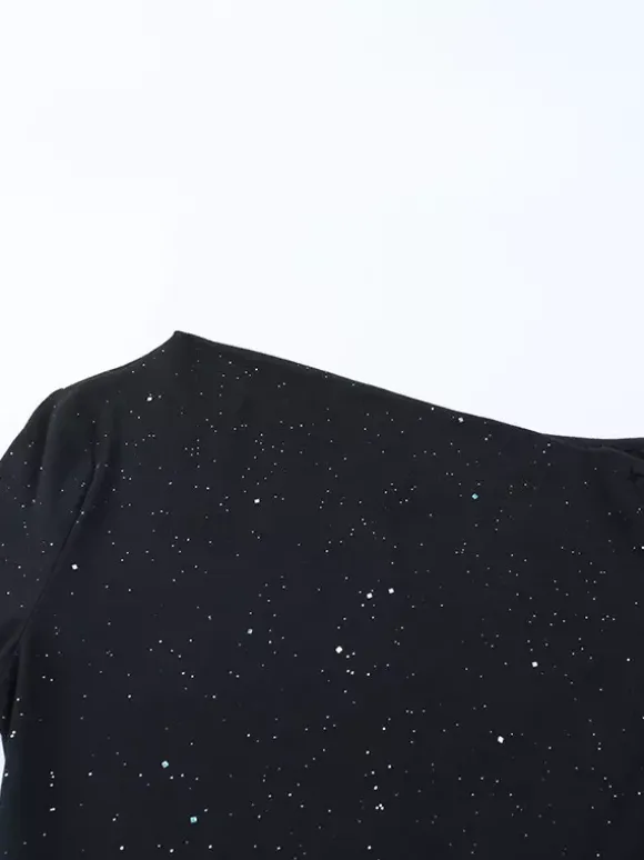 Robe longue asymétrique à paillettes pour femme - Robe noire scintillante fendue jusqu'en haut coupe ajustée - Tenues de gala et de bal de printemps 2026