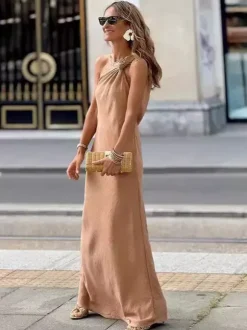 Robe longue asymétrique à une épaule pour femme - Robe d'été bohème sans manches à col noué et coupe ample - Idéale pour les vacances d'été 2026