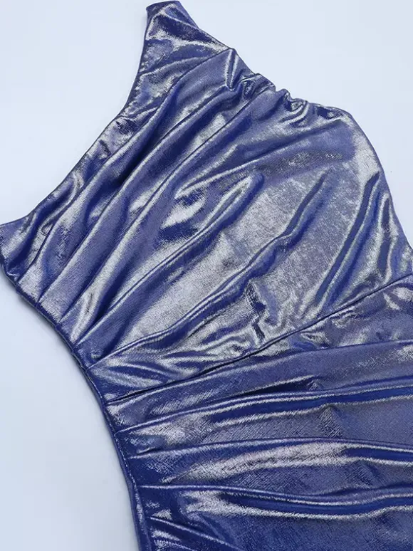 Robe longue asymétrique métallisée pour femme - Robe bleu roi froncée à fente haute et coupe ajustée - Tenue de cocktail printemps 2026