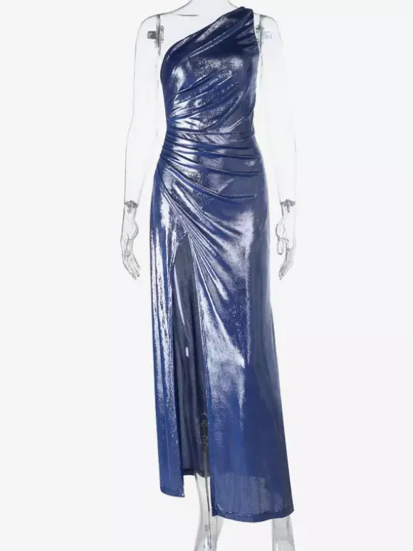 Robe longue asymétrique métallisée pour femme - Robe bleu roi froncée à fente haute et coupe ajustée - Tenue de cocktail printemps 2026