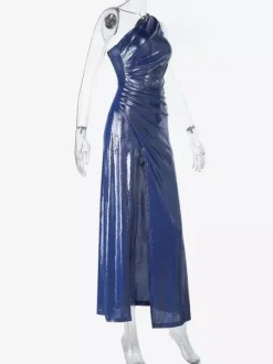 Robe longue asymétrique métallisée pour femme - Robe bleu roi froncée à fente haute et coupe ajustée - Tenue de cocktail printemps 2026
